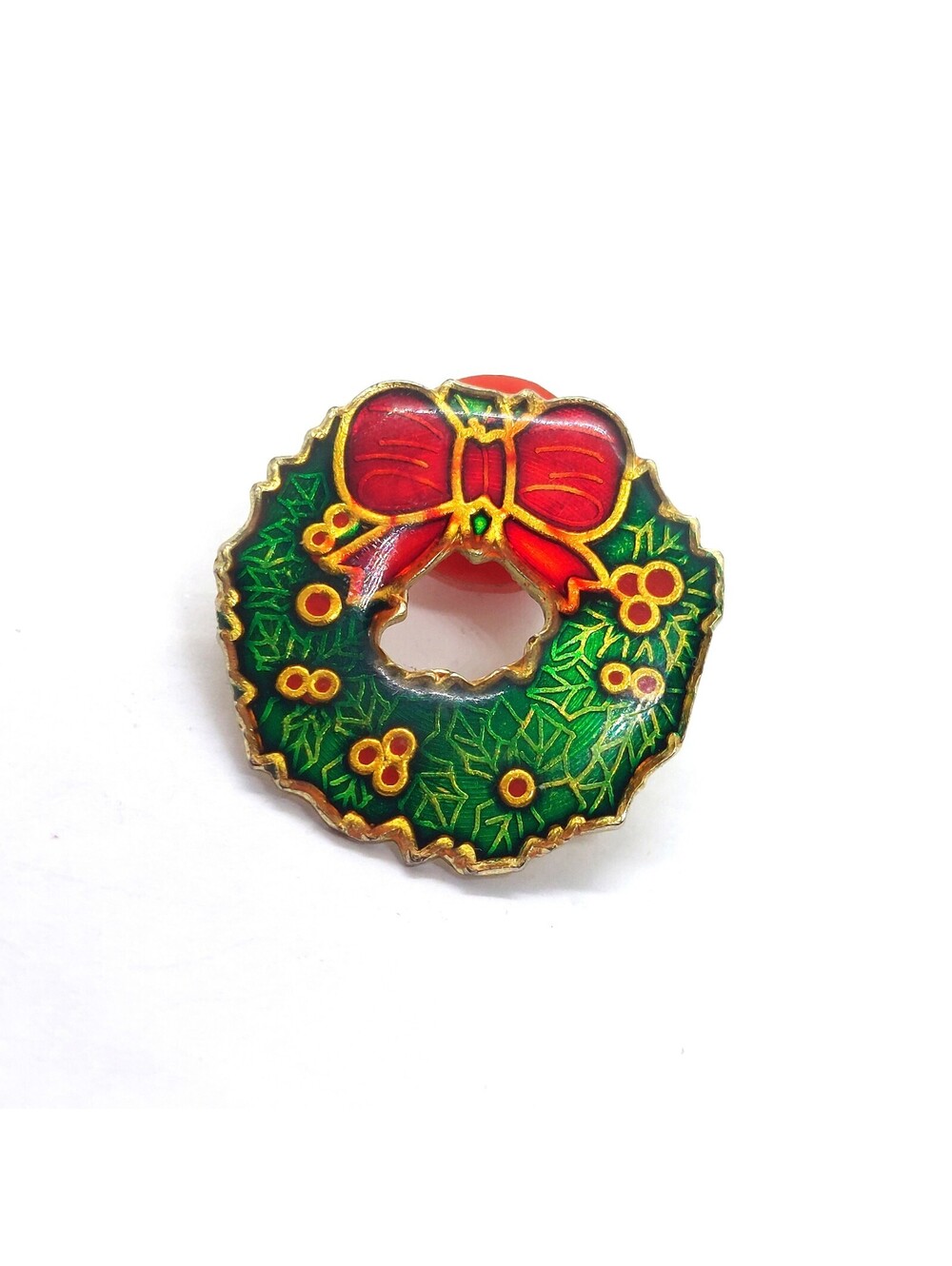 Vintage Christmas Wreath Enamel Pin Red Bow Holly Berries Holiday Lapel